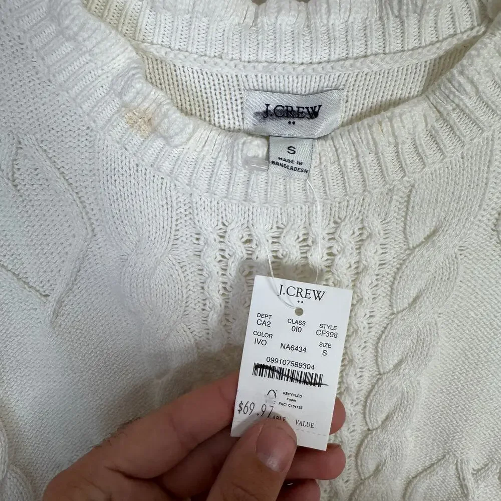 J.Crew Cable-Knit Hearts Crewneck Sweater WMNS S Cream Scalloped Neck Pullover